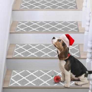 Imagem de COSY HOMEER Tapete antiderrapante para degraus de escada para degraus de madeira, tapetes de escada para crianças e cães, 100% poliéster TPE 4 peças, cinza