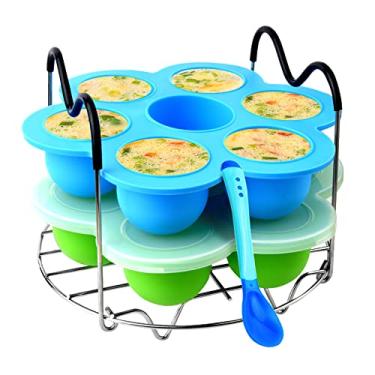 Imagem de Conjunto de 4 moldes de silicone para ovos com alça e colher resistentes ao calor, pochê de ovos Sous Vide reutilizável com tampa para panela instantânea 5,6,8 qt