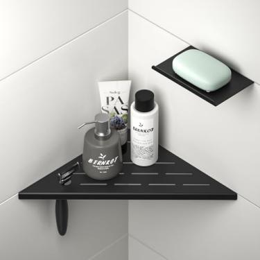 Imagem de Bernkot Prateleira de chuveiro de canto de 25 cm com suporte de sabonete, rejunte de aço inoxidável 304 na prateleira para banheiro, prateleira embutida para parede de azulejos, sem necessidade de