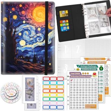 Imagem de 100 envelopes para guardar dinheiro, fichário econômico A5 com 25 envelopes para dinheiro, 3 rastreadores laminados reutilizáveis economizando US$ 5050, 500, 10.0000, organizador de dinheiro, noite