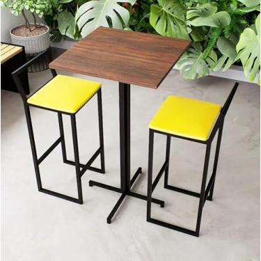 Imagem de Conjunto Mesa Alta Bar Bistrô Quadrada Imbuia 2 Banquetas Confort Estofado Industrial Black (Amarelo)