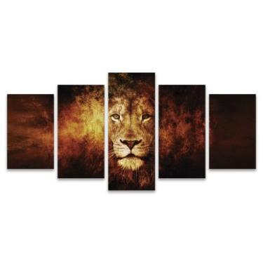 Imagem de Quadro Mosaico Decorativo Leão Abstrato Fogo Laranja Lion 5 Peças - De
