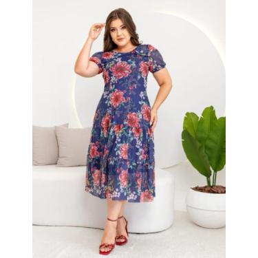 Imagem de Vestido Casual Elegante Midi Rodado Evangélico com Manga - Fashion, Az