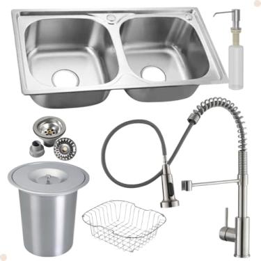 Imagem de Kit Cuba Dupla Inox + Acessórios Com Torneira Gourmet Misturador Monocomando Extensível Aço Escovado E Lixeira de Embutir 5 Litros