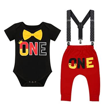 Imagem de Roupas formais de festa de primeiro aniversário para bebês meninos, fantasia de cake Smash para sessão de fotos Wild One body masculino gravata borboleta longa Haren calça suspensórios preto 12-18 meses