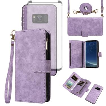 Imagem de Asuwish Capa de celular para Samsung Galaxy S8 carteira com zíper destacável com protetor de tela de vidro temperado alça transversal alça flip compartimento para cartão S 8 8S Edge SM-G950U feminino