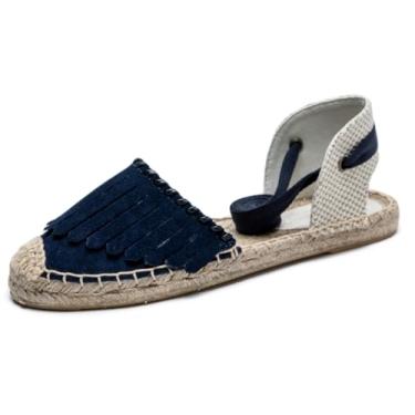 Imagem de U-lite Sandália feminina espadrille rasteira fechada no tornozelo, cadarço clássico verão elegante sapatos rasos, Camurça azul, 40