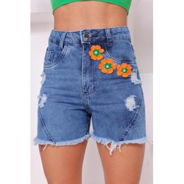 Imagem de Bermuda Jeans Feminina Bordado Flor Laranja - ALIK STORE
