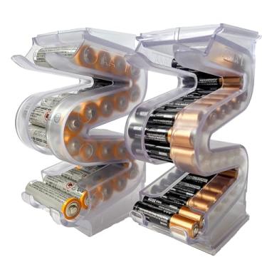 Imagem de Kalinar Battery Ladder™ para 20 pilhas AA e 28 AAA | Caixa de armazenamento vertical e dispensador | Combo de suporte de parede expansível empilhável (AA e AAA, pacote com 2)