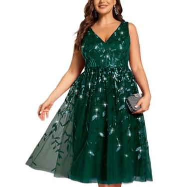 Imagem de Ever-Pretty Vestidos de convidada de casamento com decote em V sem mangas, lantejoulas, plus size, tule, comprimento médio, para mulheres curvilíneas 02106-DA, Verde escuro, 58