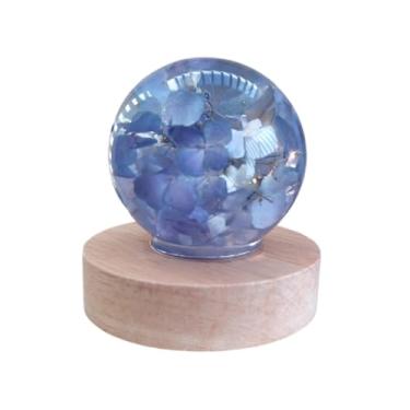 Imagem de Hortênsia azul preservada em resina com luz LED | Artesanato em resina | Esfera de resina com hortênsia azul | Estatuetas de arte de resina | Lembrança de resina | Peso de papel de resina