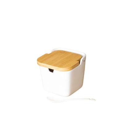 Imagem de Saleiro De Mesa De Ceramica Com Tampa De Madeira E Colher Bianco 9cm X 9cm X 8,5cm 5774- Lyor