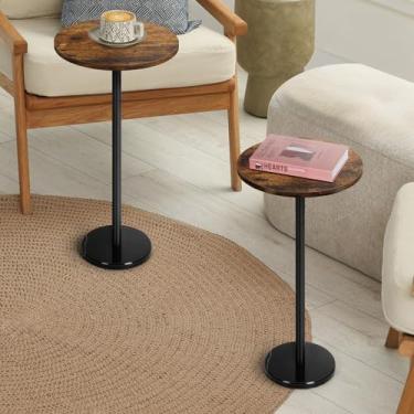 Imagem de Conjunto de 2 mesas laterais pequenas para espaços pequenos, mesas laterais com pedestal redondo com base de mármore para sofá, poltrona, pátio, marrom e preto
