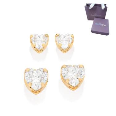 Imagem de Kit Brincos Rommanel 527266 Coração Com Zircônias Banhados Ouro 18k Li