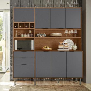 Imagem de Armário de Cozinha 7 Portas 3 Gavetas e Adega para 4 Garrafas Viena Jequitibá/Grafite - Lukaliam