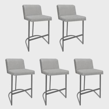 Imagem de Kit 05 Banquetas Com Encosto Noah Luxo Confort Bistrô Cozinha Ferro Cinza Linho Bege - Ahz Móveis