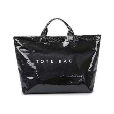 Imagem de AWUXINE Bolsa feminina de PVC grande de papel kraft, bolsa para carregar todas as bolsas, letras impressas, alça superior, bolsa Hobo, Preto