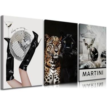 Imagem de 3 peças modernas de arte de parede em tela de leopardo descolada preta de salto alto bola de discoteca decoração de parede imagens vintage bar carrinho em tela impressões para quarto feminino sala de