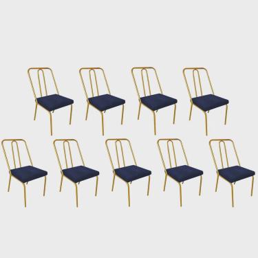 Imagem de Kit 09 Cadeira de Jantar Drika Office Escritório Recepção Ferro Dourado Suede Azul Mari...