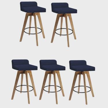 Imagem de Kit 05 Banqueta Alta Com Encosto Giratória Rute Madeira Balcão Bistrô Cozinha Sintético Azul Marinho - Ahz Móveis
