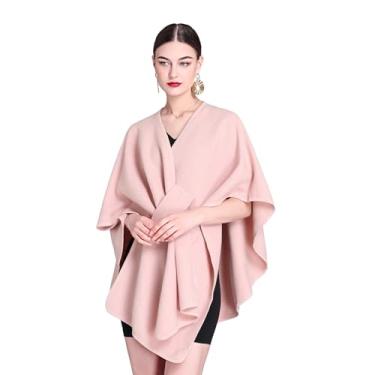 Imagem de Huralona Cardigã feminino aberto/frente cruzada envoltório cor sólida poncho ruana capa plus size para outono inverno, rosa, Tamanho Único