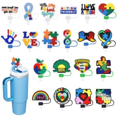 Imagem de Pacote com 20 tampas de palha de autismo para copos, topo de palha bonito à prova de poeira de 10 mm para garrafas de água Stanley copos acessórios presentes para mulheres lembrancinhas de festa