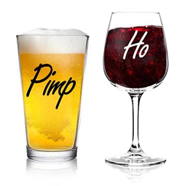 Imagem de DU VINO Pimp & Ho- Beer and Wine Glass Gift Set of 2 | Fun Novelty His and Hers or Husband Wife Drinkware | Couple, Newlywed | Wedding or Favorite Couples Gag Gift | USA Made
