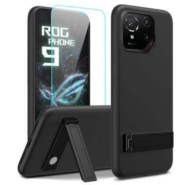 Imagem de Capa de telefone compatível com ASUS ROG Phone 9 / 9 Pro com protetor de tela de vidro, [3 formas de suporte] Capa protetora à prova de choque de TPU e silicone de silicone TPU para ASUS ROG Phone 9