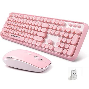 Imagem de Combo de teclado e mouse sem fio – teclado e mouse coloridos fofos, teclado de máquina de escrever retrô de tamanho completo com Plug & Play de 2,4 GHz, para Windows 11/10/7, laptop, PC (rosa)