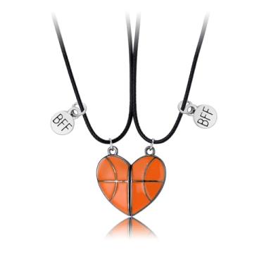 Imagem de Cykdohy Colar de basquete com pingente de amizade para mulheres, homens e adolescentes, conjunto de 2 peças, bola esportiva esmaltada, metade combinando com coração de amor, pingente de corda preta