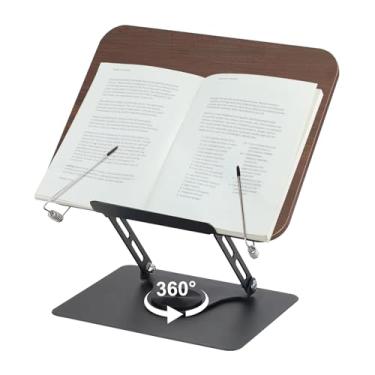Imagem de comfoyar Atril para livros regulável para leitura, suporte para livros dobrável com base giratória de 360° e clipe elástico página, suporte livro de cozinha de madeira para receita tablet portátil