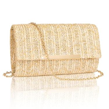 Imagem de Larcenciel Bolsa clutch de palha para mulheres, bolsas de verão para noite de praia com corrente, bolsas de festa envelope boho, bolsas de ombro transversais modernas para casamento, formatura