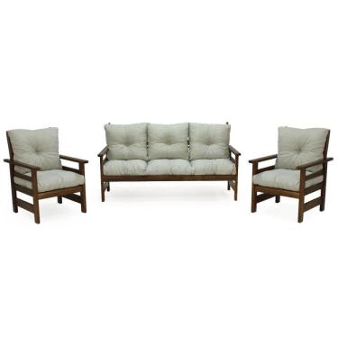 Imagem de Conjunto Sofá Havaí 3 Lugares + 2 Poltronas De Madeira Com Almofadas Confortáveis - Bege