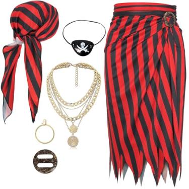 Imagem de Conjunto de acessórios de fantasia de pirata feminino|lenço de cabeça envoltório chapéu faixa cinto cosplay roupa com colar de brinco de aço inoxidável (estilo-F)