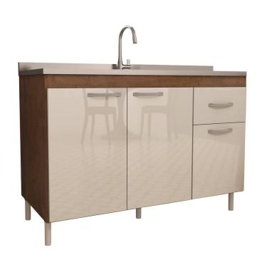 Imagem de Balcão Gabinete Para Pia 120 Armário Cozinha Multiuso Marrom Off White