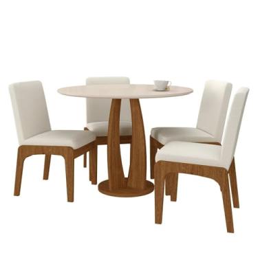 Imagem de Mesa Redonda Houston 4 Cadeiras Estofadas Freijó/off/bouclé Off - M.a Freijó/off Premium/bouclé Off