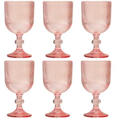 Imagem de Conjunto de 6 taças de vinho vintage rosa de 325 ml, copos de água de vidro colorido de 325 ml, exclusivo em relevo, vidro de haste alta transparente, para festa de casamento, copos chiques, apenas