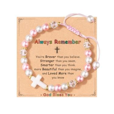 Imagem de HGDEER Dear Lord Bless This Little Girl, pulseira ajustável com cruz de pérola rosa para meninas, aniversário, formatura, batismo, Páscoa, Natal, Dia dos Namorados, primeira comunhão, presentes