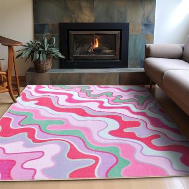 Imagem de Aldopein Tapete vintage abstrato 10 x 15 cm, ultrafino, descolado, estético, colorido, listrado, para sala de estar, lavável, fofo, rosa-choque, tapete para cozinha, entrada, quarto, dormitório