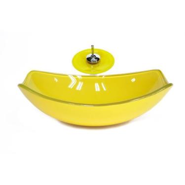 Imagem de Cuba de vidro oval chanfrada 51cm amarela + valvula + torneira cascata