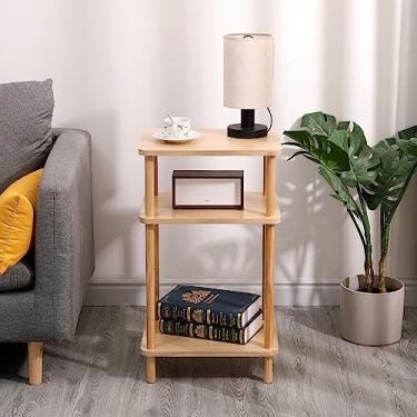 Imagem de Mesa de cabeceira de 3 níveis, mesa de borda de madeira maciça, mesa lateral estreita, estante de livros, prateleira de cabeceira simples para quarto, sala de estar, banheiro, mesa de canto de madeira