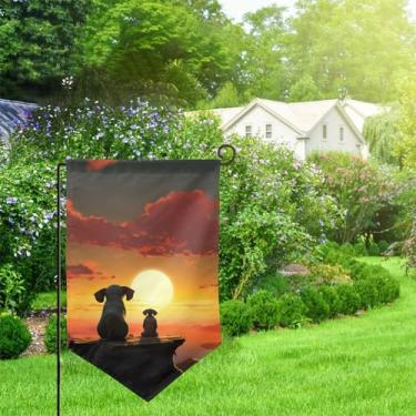Imagem de Relógio de elefante e cachorro com estampa do pôr do sol bandeira de jardim dupla face bandeira de quintal 45,7 x 32 cm bandeira de feriado bandeira de festa todas as estações bandeira de boas-vindas