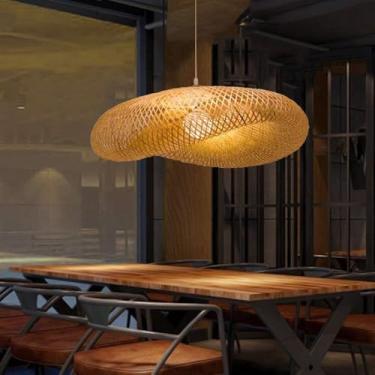 Imagem de Pingente De Luz Vintage E27 Pingente De Candeeiro Artesanal De Bambu Natural Nostálgico Altura Ajustável Luzes Suspensas Restaurante Quarto Sala De Estar Lustre Sala De Jantar Café, 50cm