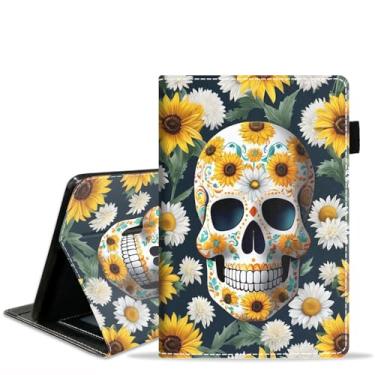 Imagem de JDHJFBFJNP Capa para tablet Amazon Kindle Fire HD 10 de 10,1 polegadas (9ª/7ª geração, versão 2019/2017) - Capa flip de couro PU com suporte para cartão e porta-lápis, caveira e girassol