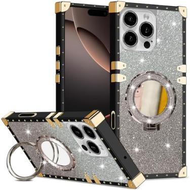 Imagem de DMaos Capa feminina para iPhone 15 Pro Max, gradiente de glitter compatível com Magsafe, espelho magnético com suporte para iPhone15 Pro Max de 6,7 polegadas - preta