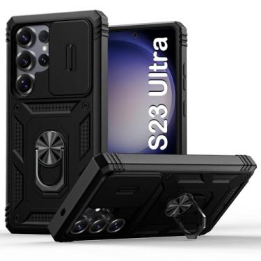 Imagem de PASNEW [2023 Novo] Capa compatível com Samsung Galaxy S23 Ultra de 6,8 polegadas, resistente, à prova de impacto, lente deslizante embutida, anel giratório de 360°, suporte preto
