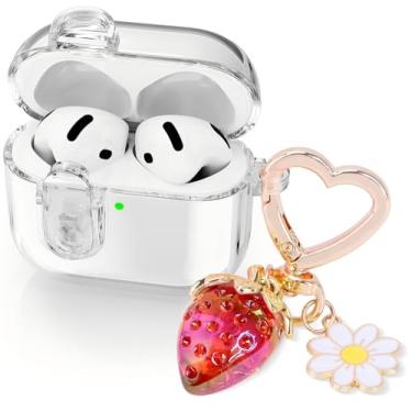 Imagem de (com trava de segurança) capa transparente compatível com Airpods 4 capas 2024 femininas, capa fofa macia TPU transparente AirPods 4ª geração iPods 4 fones de ouvido capa menina morangos chaveiro para