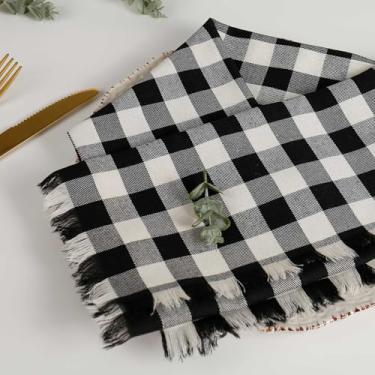 Imagem de Getfitsoo Conjunto De 8 Guardanapos Pano Xadrez Preto E Branco Com Franjas, Algodão Buffalo Lavável, Grandes Estampa Xadrez, Jantar Natal Para Casamento, Festas, Ação Graças, Decoração
