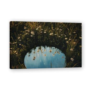 Imagem de Impressão de foto de realismo floral de poça redonda – Arte de parede de jardim vibrante para decoração de casa, reprodução de pintura em tela 23,15 x 75 cm emoldurada