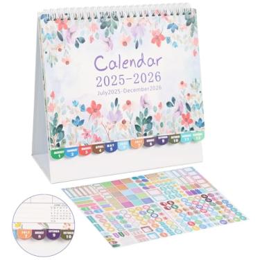 Imagem de Multibey Calendário de mesa 2025-2026, calendário de 18 meses de julho de 2025 a dezembro de 2026, 17 x 20,8 cm, pequeno calendário de mesa floral com papel grosso, inclui adesivos (roxo)